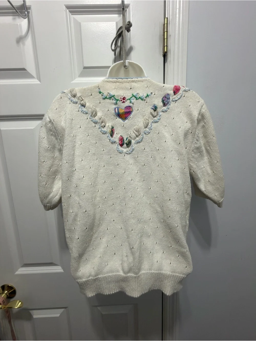 Vintage Embellished Cream Short-Sleeve Sweater Cardigan size small